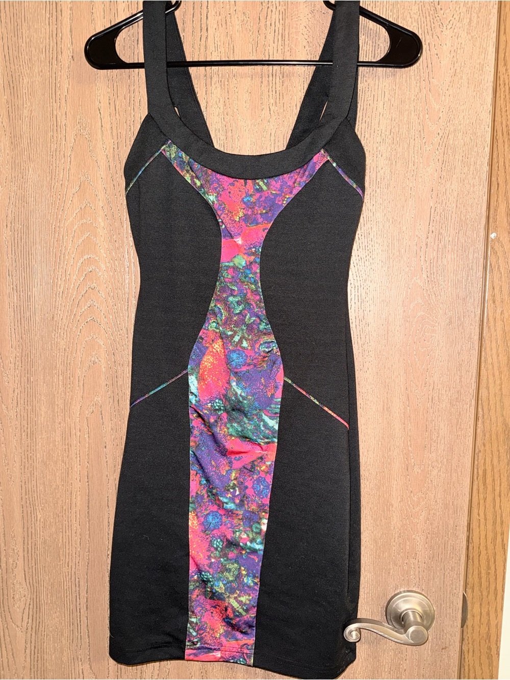 Kardashian Kollection Black Mini Dress with Pink & Purple Abstract Panel